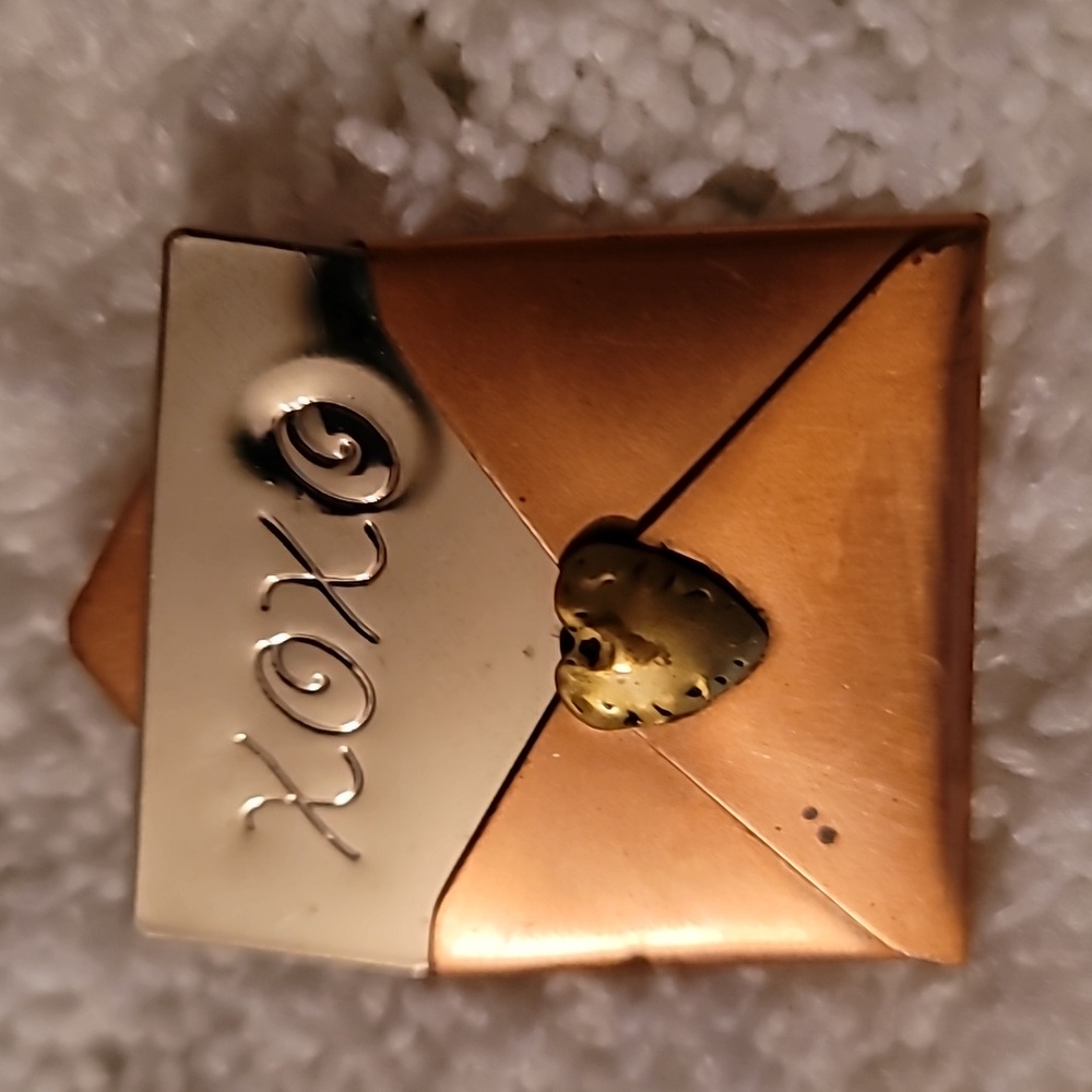 Estate Hallmark Envelope Copper Brass Tone‎ Silver XOXO Card & Envelope Brooch